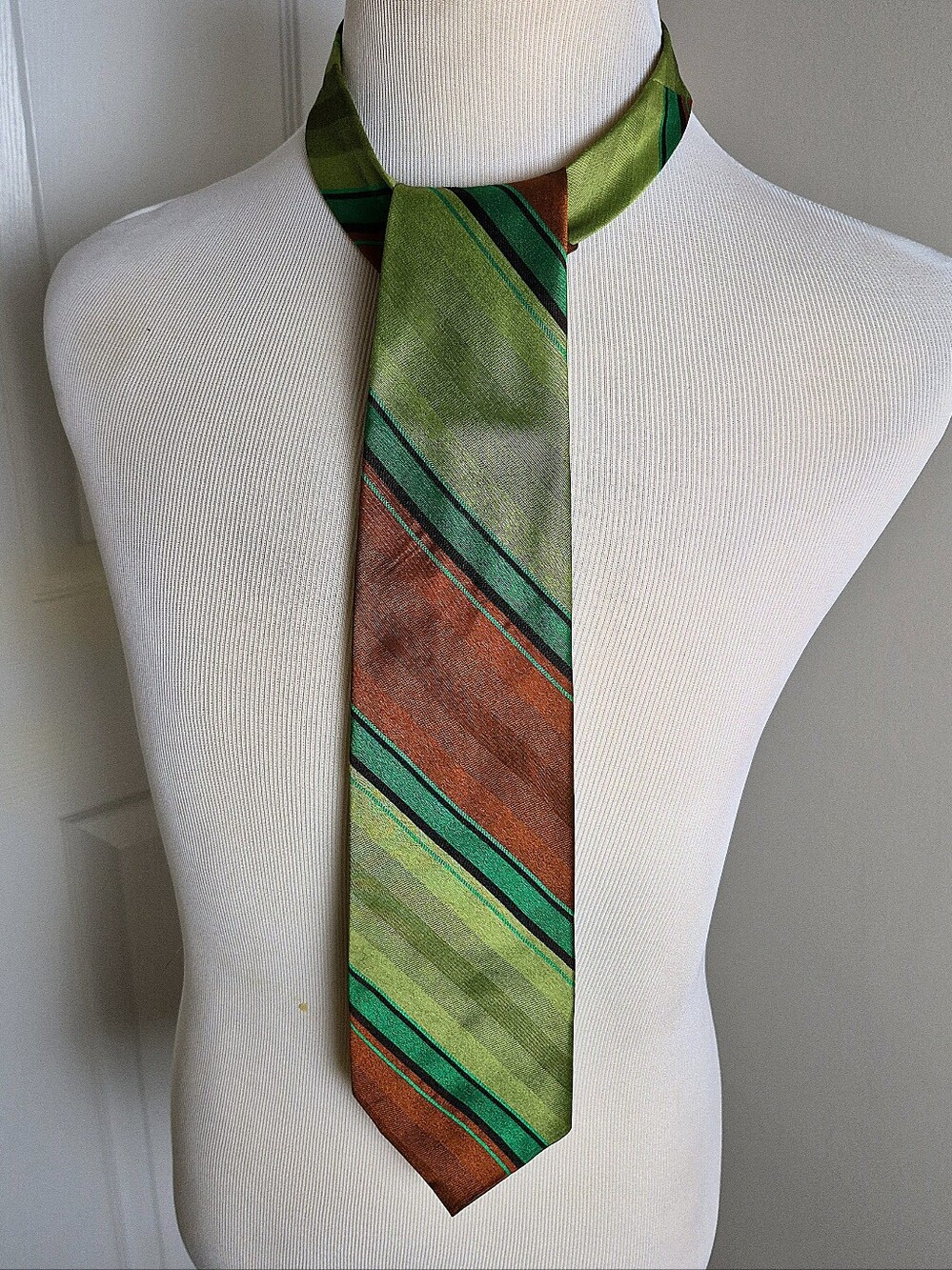 Vintage Green Brown Striped Wide Necktie 1970s Retro Tie